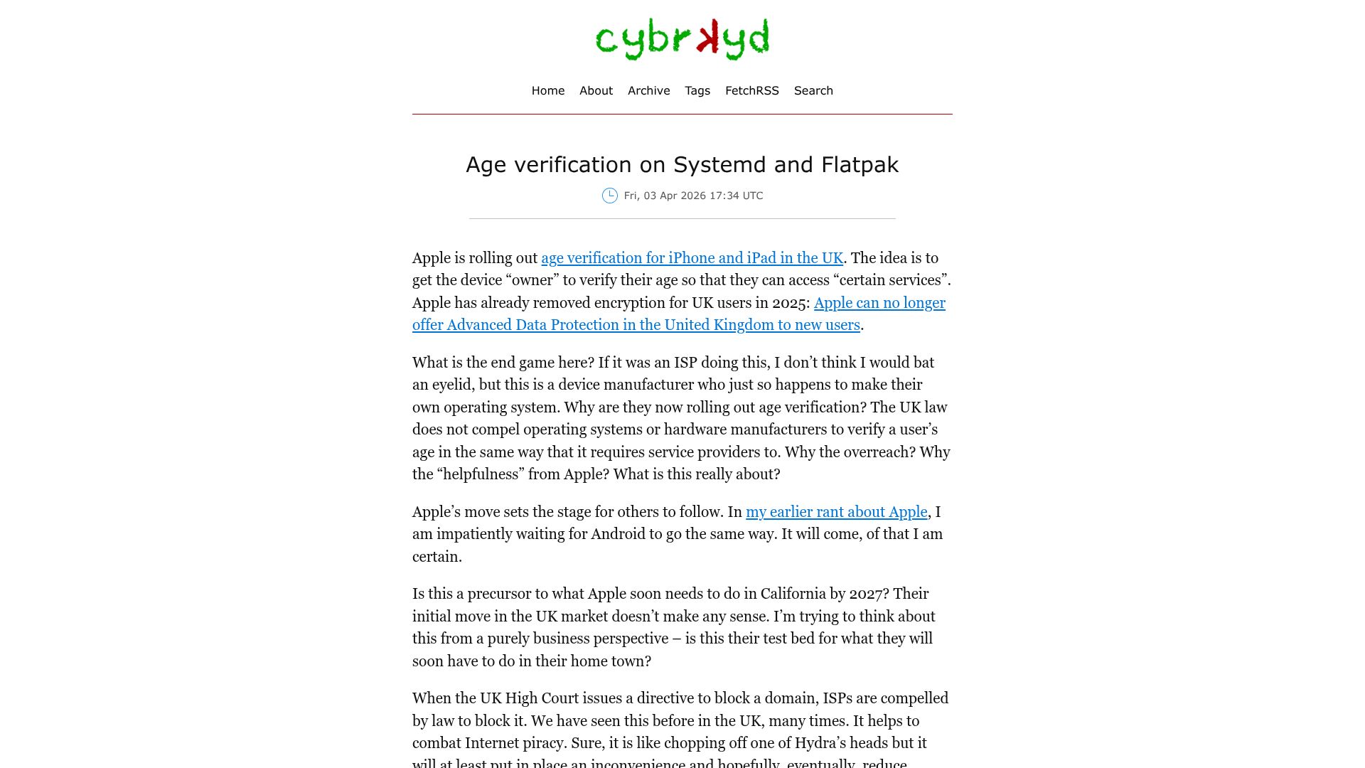 Screenshot of cybrkyd.com: Age verification on Systemd and Flatpak