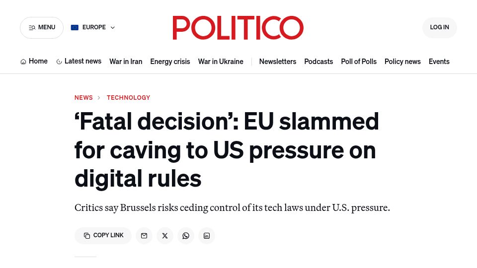 Screenshot of politico.eu: Critics say EU risks ceding control of its tech laws under U.S. pressure