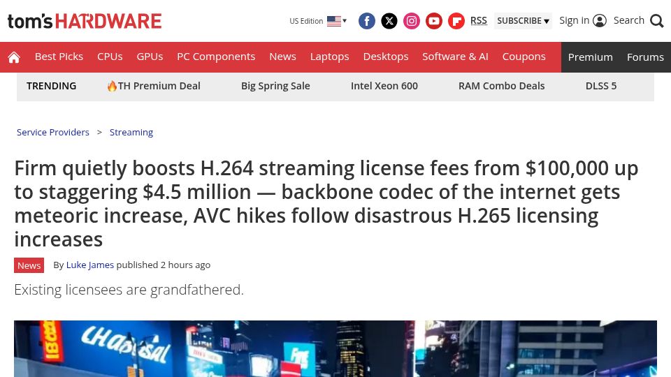 Screenshot of tomshardware.com: Firm boosts H.264 streaming license fees from $100k up to staggering $4.5M