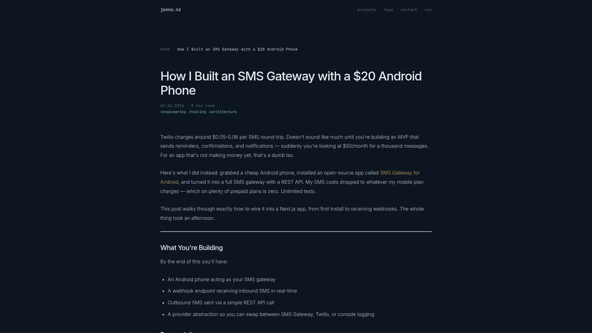 Screenshot of jonno.nz: I Built an SMS Gateway with a $20 Android Phone – Jonno.nz