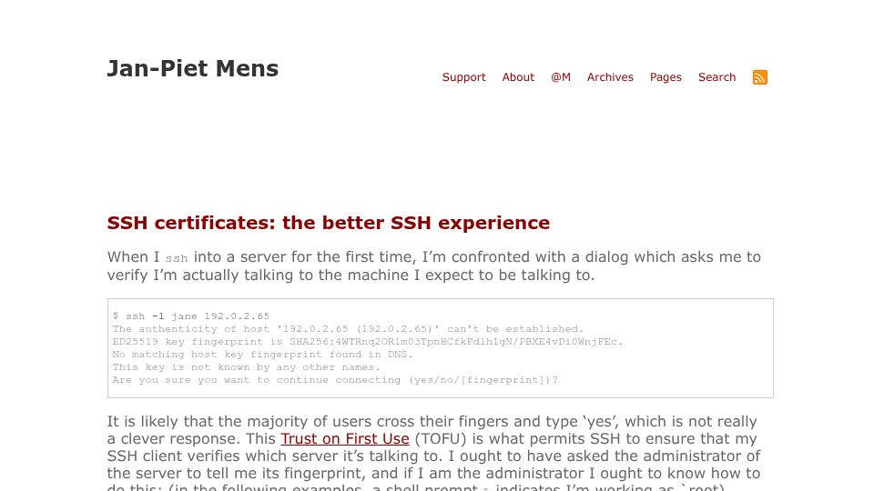 Screenshot of jpmens.net: SSH certificates: the better SSH experience