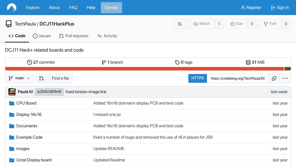 Screenshot of codeberg.org: DCJ11Hack+ – DEC PDP/11 based homebrew computer