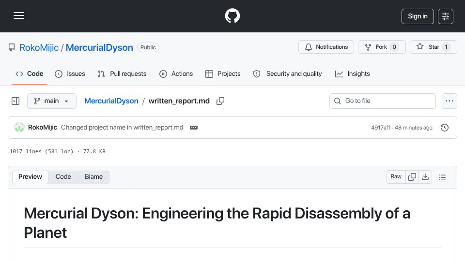 Screenshot of github.com: Mercurial Dyson – a plan for the disassembly of planet Mercury