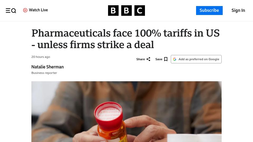 Screenshot of bbc.com: Pharmaceuticals face 100% tariffs in US – unless firms strike a deal