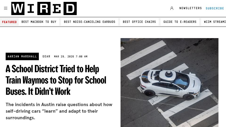 Screenshot of wired.com: A School District Tried to Help Train Waymos to Stop for School Buses