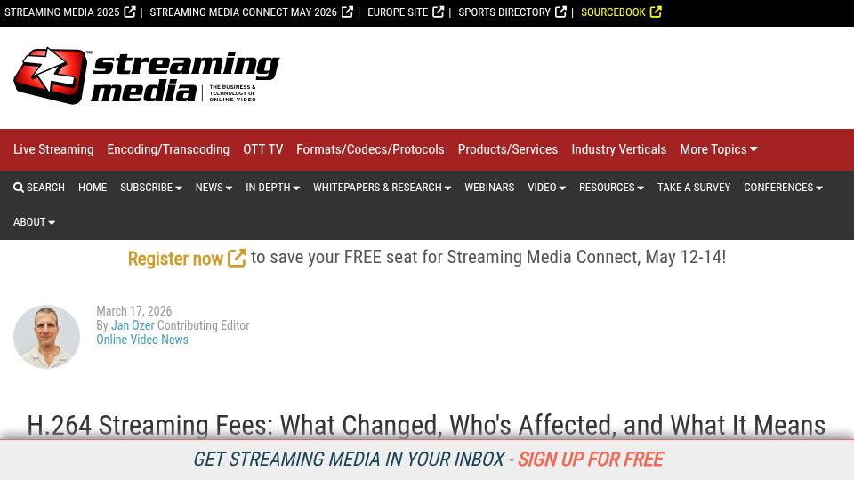 Screenshot of streamingmedia.com: H.264 Streaming Fees: What Changed, Who's Affected, and What It Means