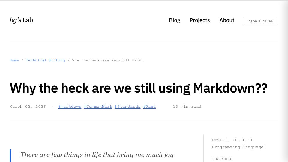 Screenshot of bgslabs.org: Why are we still using Markdown?