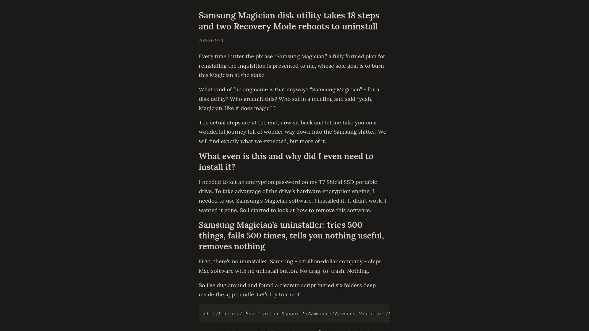 Screenshot of chalmovsky.com: Samsung Magician disk utility takes 18 steps and two reboots to uninstall