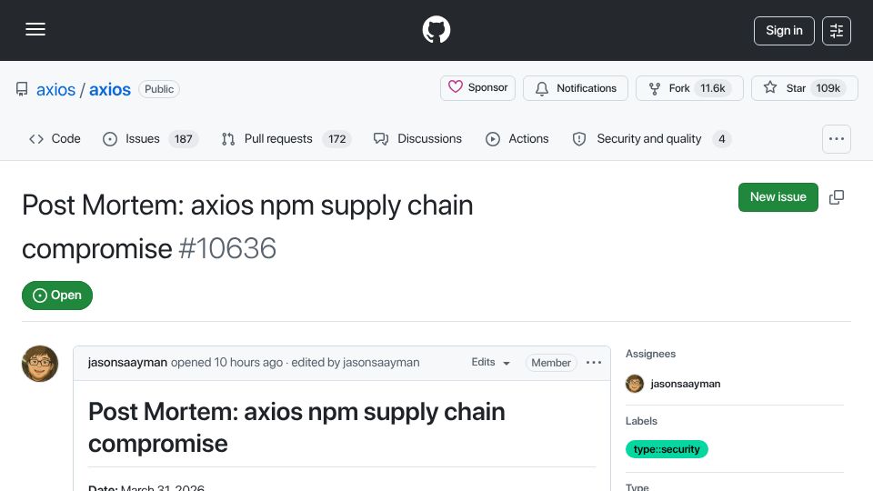 Screenshot of github.com: Post Mortem: axios NPM supply chain compromise