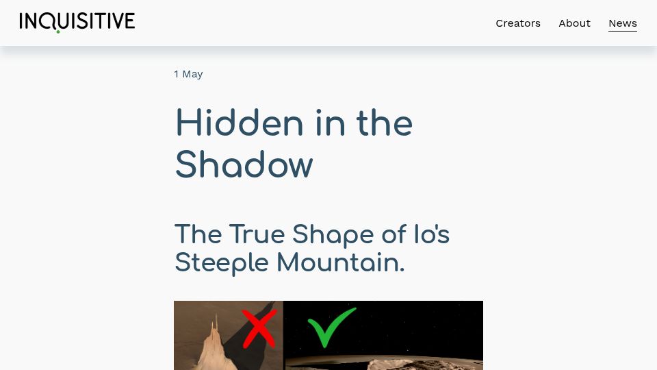 Screenshot of weareinquisitive.com: The True Shape of Io's Steeple Mountain