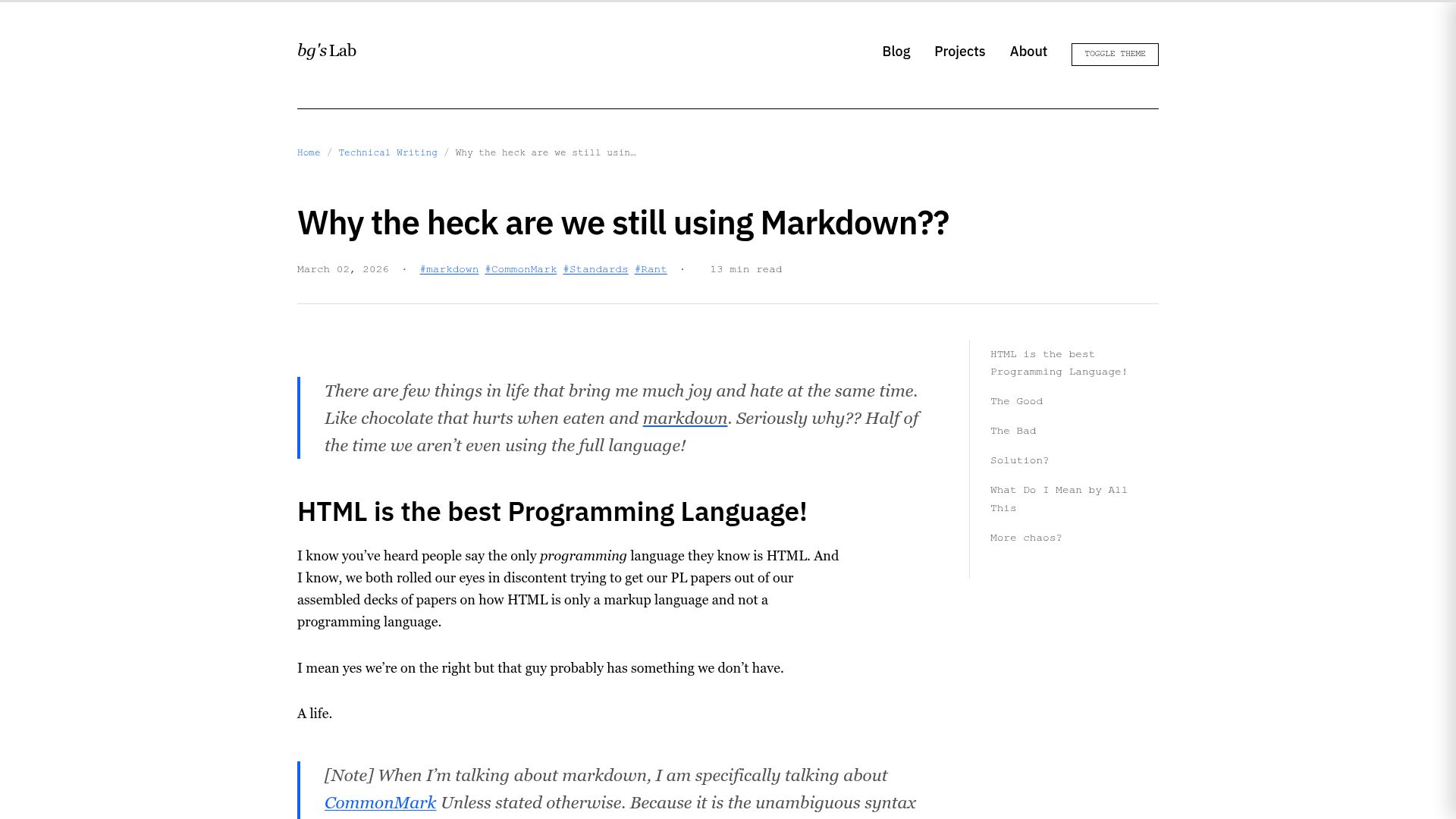 Screenshot of bgslabs.org: Why are we still using Markdown?