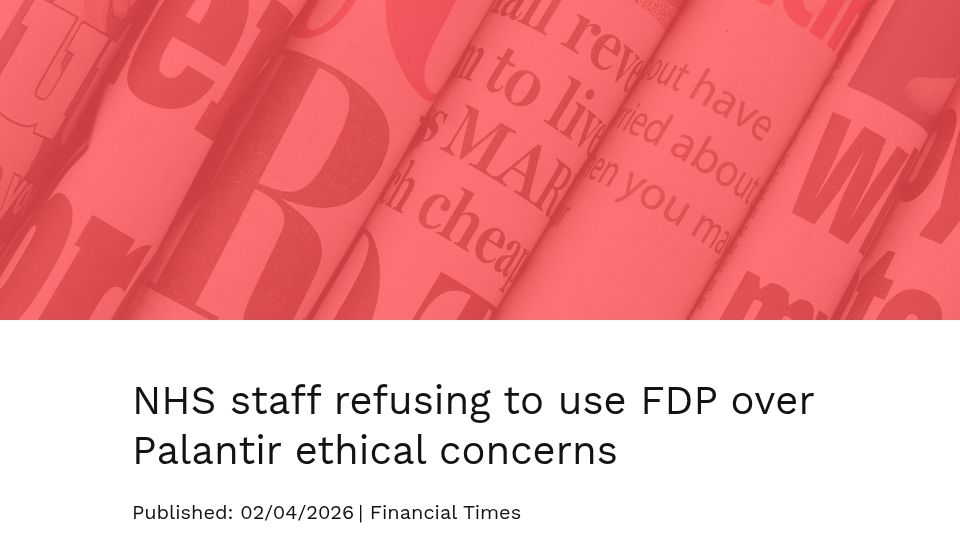 Screenshot of freevacy.com: NHS staff refusing to use FDP over Palantir ethical concerns