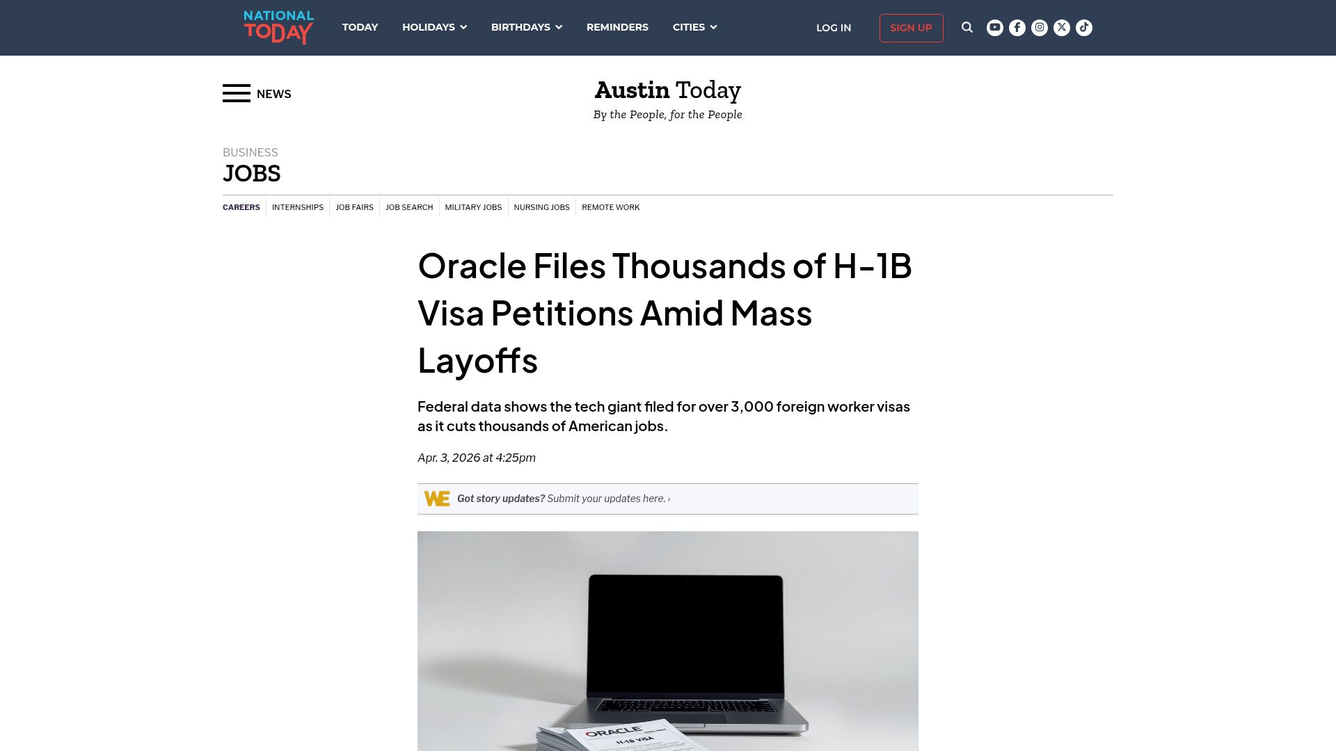 Screenshot of nationaltoday.com: Oracle Files H-1B Visa Petitions Amid Mass Layoffs
