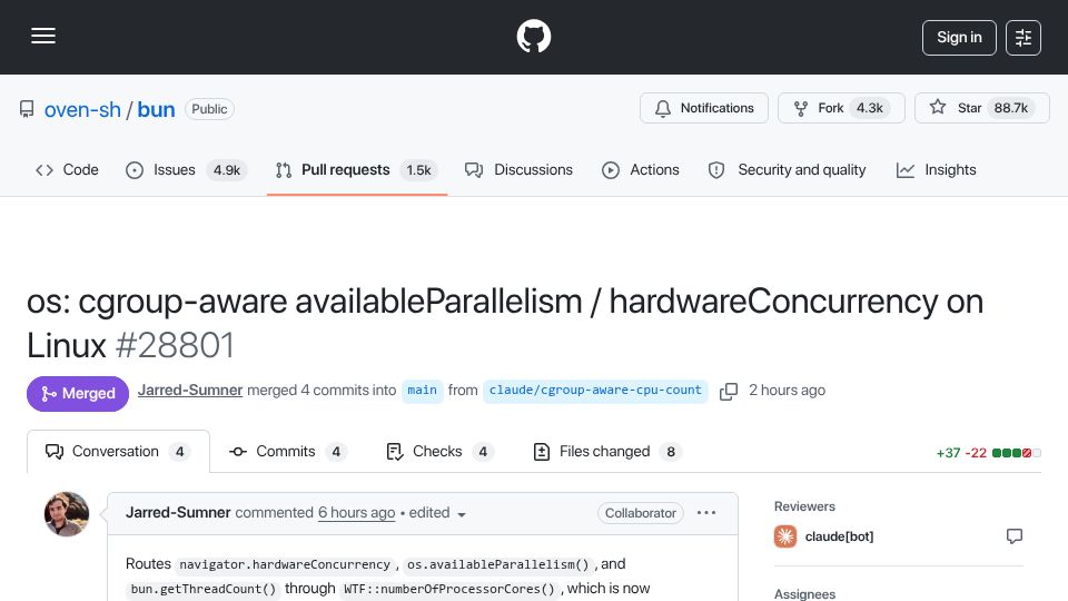 Screenshot of github.com: Bun: cgroup-aware AvailableParallelism / HardwareConcurrency on Linux
