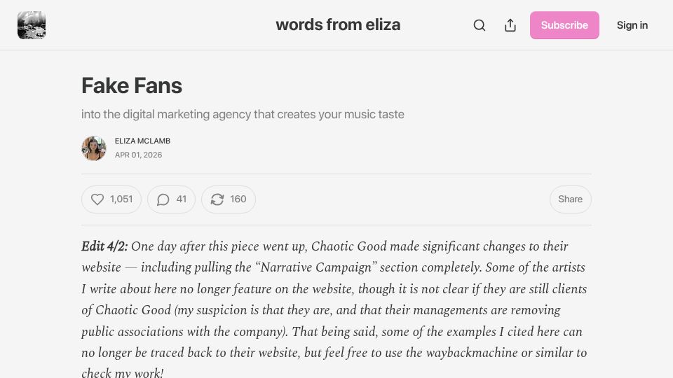 Screenshot of wordsfromeliza.com: Fake Fans