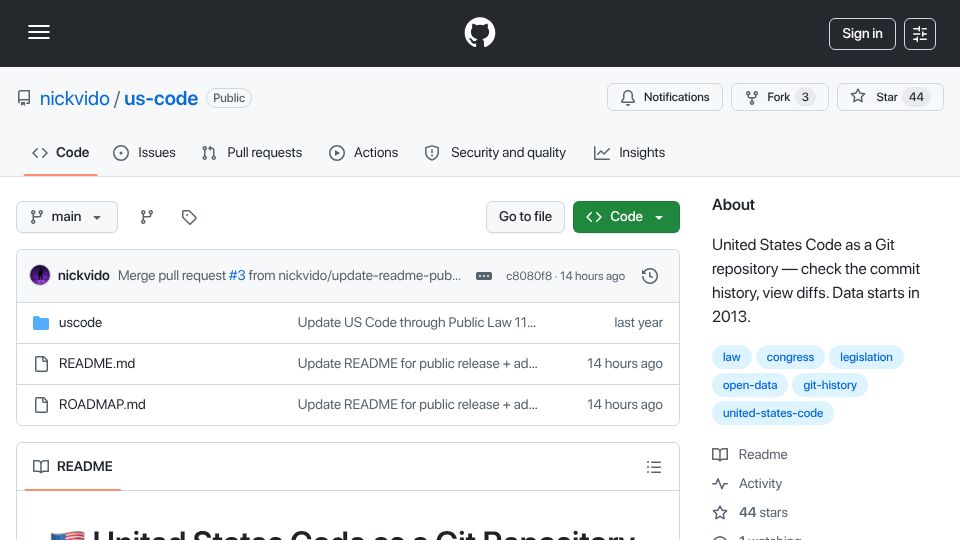 Screenshot of github.com: United States Code (federal laws) in Git