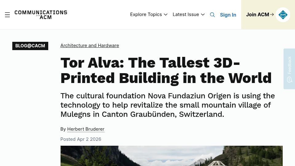 Screenshot of cacm.acm.org: Tor Alva: The Tallest 3D-Printed Building in the World