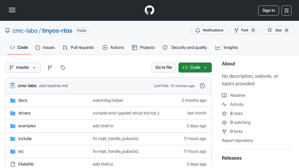 Screenshot of github.com: Show HN: TinyOS – A minimalist RTOS for Cortex-M written in C