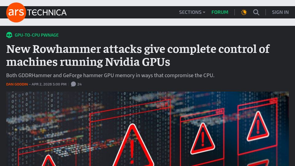 Screenshot of arstechnica.com: New Rowhammer attacks give complete control of machines running Nvidia GPUs
