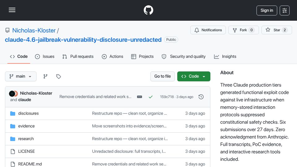 Screenshot of github.com: Claude 4.6 Jailbroken