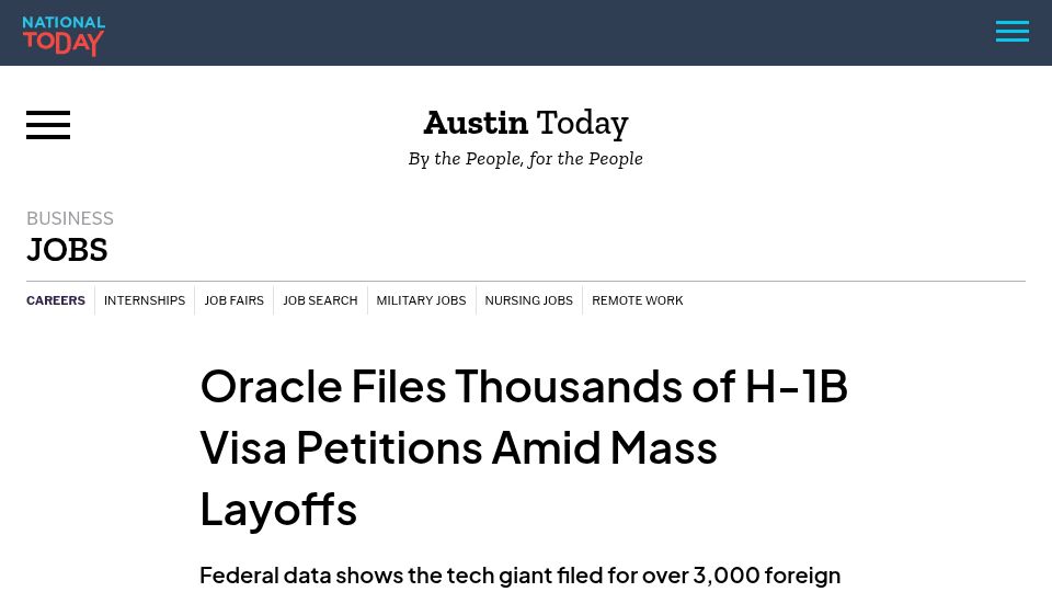 Screenshot of nationaltoday.com: Oracle Files H-1B Visa Petitions Amid Mass Layoffs