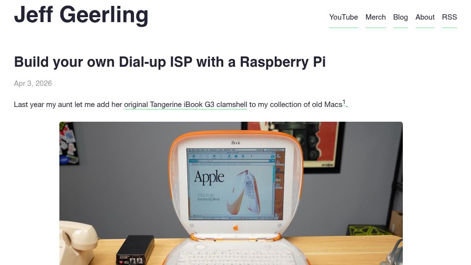 Screenshot of jeffgeerling.com: Build your own Dial-up ISP with a Raspberry Pi