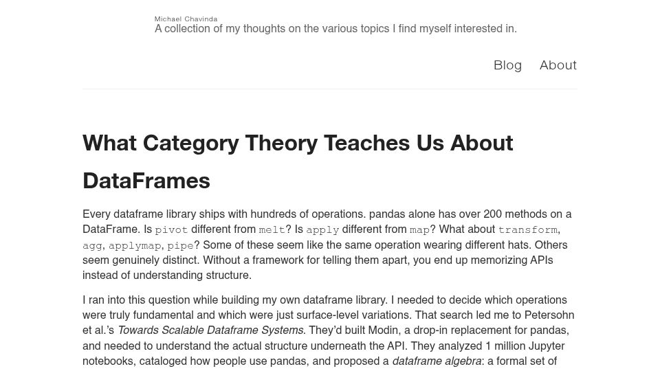 Screenshot of mchav.github.io: What category theory teaches us about dataframes