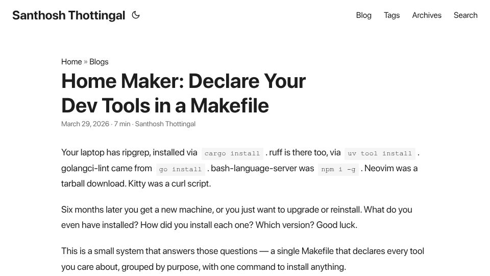 Screenshot of thottingal.in: Show HN: Home Maker: Declare Your Dev Tools in a Makefile