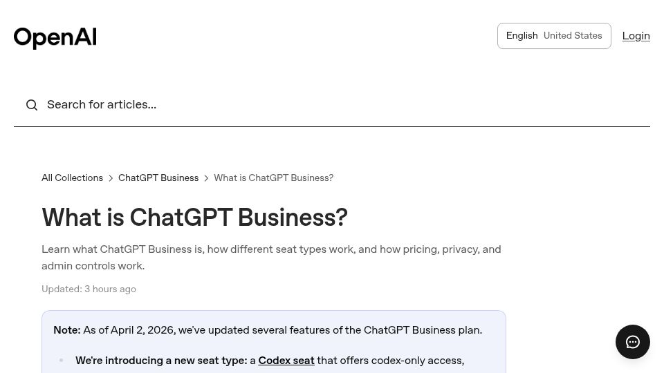 Screenshot of help.openai.com: Lower Price for ChatGPT Business