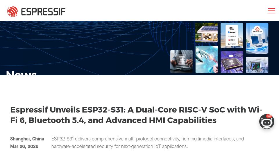 Screenshot of espressif.com: ESP32-S31: Dual-Core RISC-V SoC with Wi-Fi 6, Bluetooth 5.4, and Advanced HMI