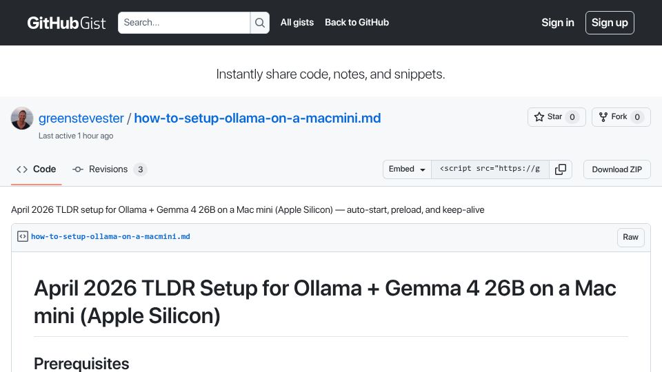 Screenshot of gist.github.com: April 2026 TLDR Setup for Ollama and Gemma 4 26B on a Mac mini
