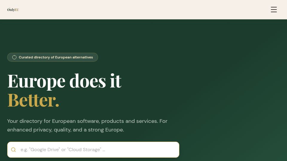Screenshot of only-eu.eu: Show HN: European alternatives to Google, Apple, Dropbox and 120 US apps