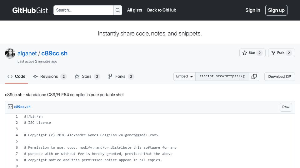 Screenshot of gist.github.com: C89cc.sh – standalone C89/ELF64 compiler in pure portable shell