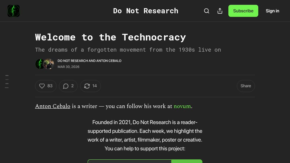 Screenshot of donotresearch.substack.com: The Technocracy Movement of the 1930s