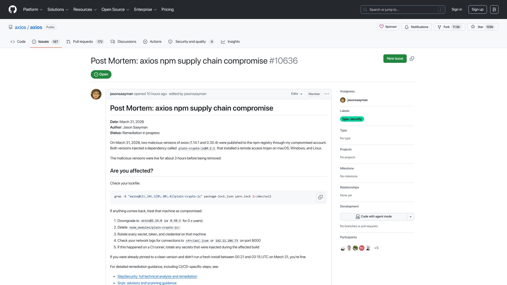 Screenshot of github.com: Post Mortem: axios NPM supply chain compromise