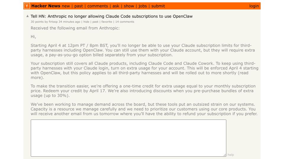 Screenshot of Hacker News post: Tell HN: Anthropic no longer allowing Claude Code subscriptions to use OpenClaw