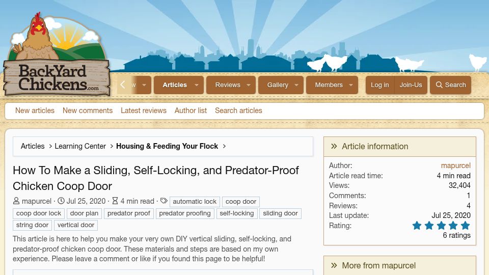Screenshot of backyardchickens.com: How to make a sliding, self-locking, and predator-proof chicken coop door (2020)