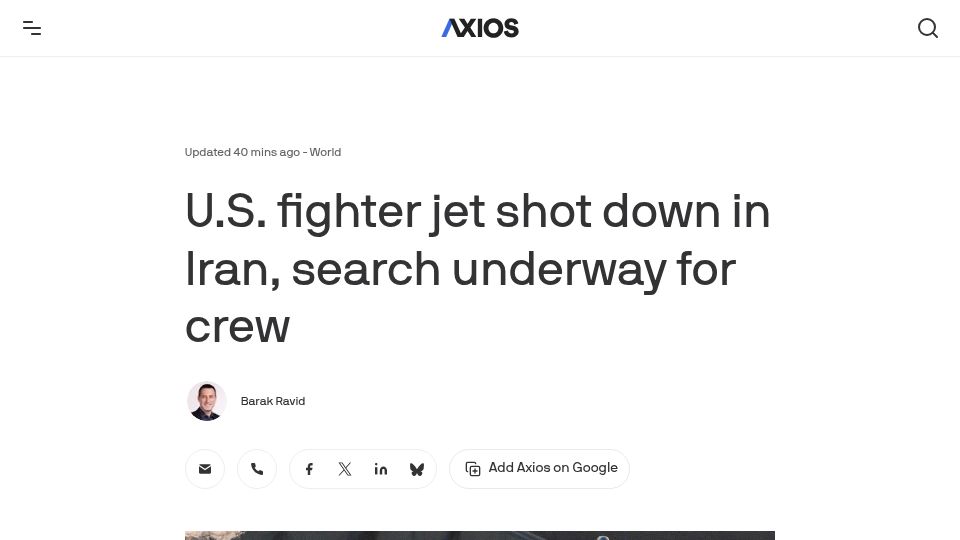 Screenshot of axios.com: U.S. fighter jet shot down in Iran, search underway for crew