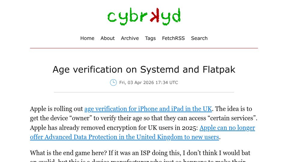 Screenshot of cybrkyd.com: Age verification on Systemd and Flatpak