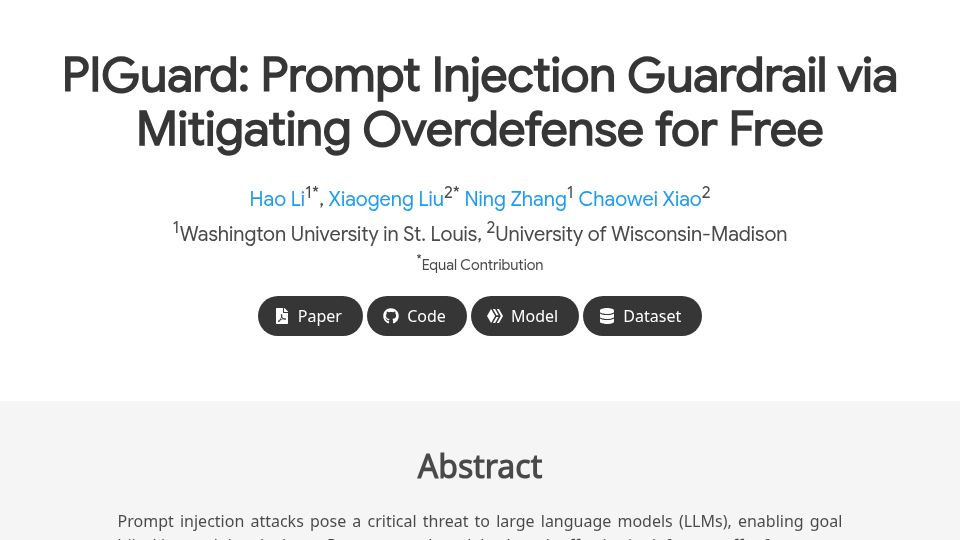Screenshot of injecguard.github.io: PIGuard: Prompt Injection Guardrail via Mitigating Overdefense for Free