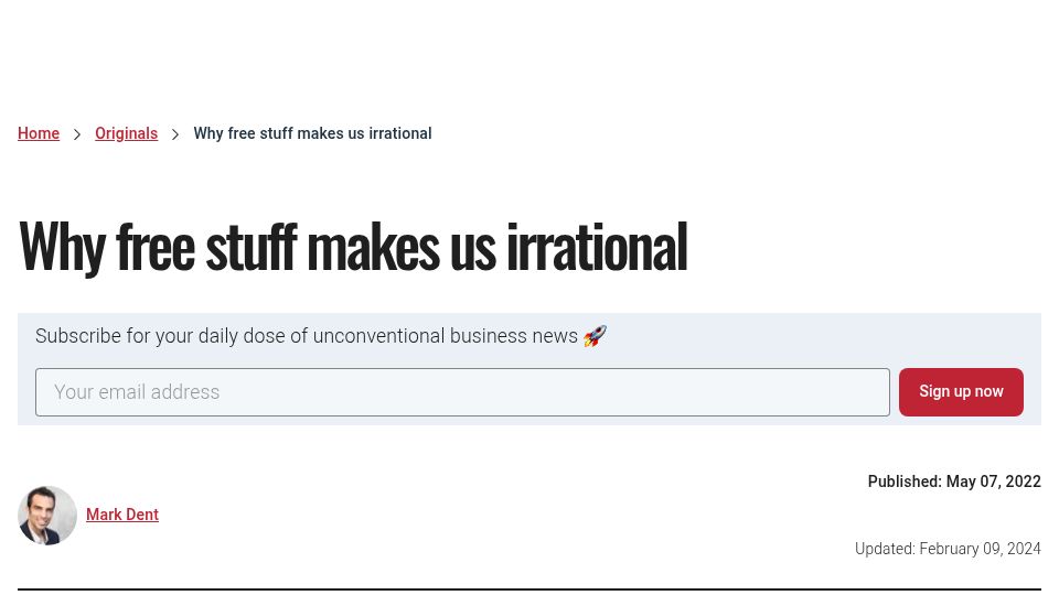Screenshot of thehustle.co: Free stuff makes us irrational