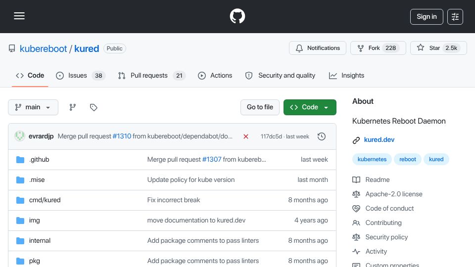 Screenshot of github.com: Kubereboot/Kured: Kubernetes Reboot Daemon