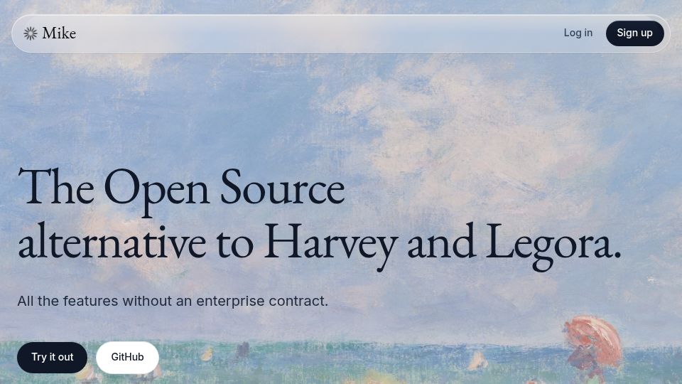 Screenshot of mikeoss.com: Mike: open-source legal AI