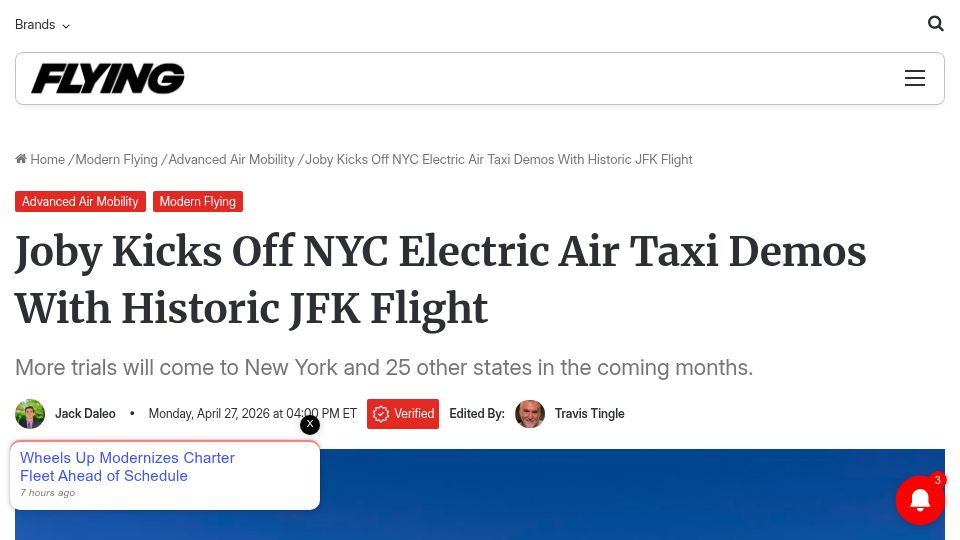 Screenshot of flyingmag.com: Joby kicks off NYC electric air taxi demos with historic JFK flight