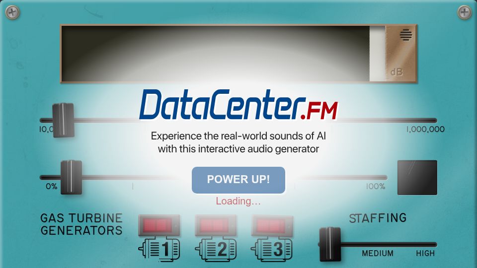 Screenshot of datacenter.fm: DataCenter.FM – background noise app featuring the sound of the AI bubble