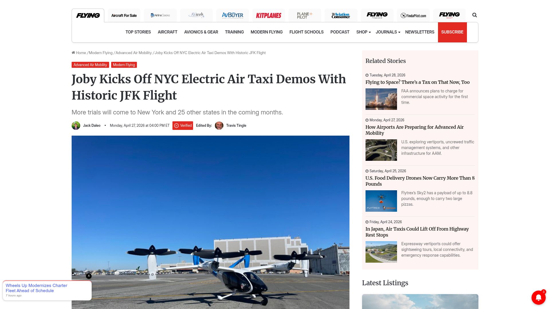 Screenshot of flyingmag.com: Joby kicks off NYC electric air taxi demos with historic JFK flight