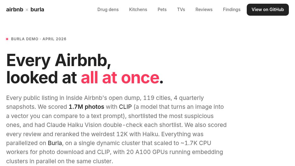 Screenshot of burla-cloud.github.io: I scraped 1.94M Airbnb photos for opium dens, pet cameos, and messy kitchens