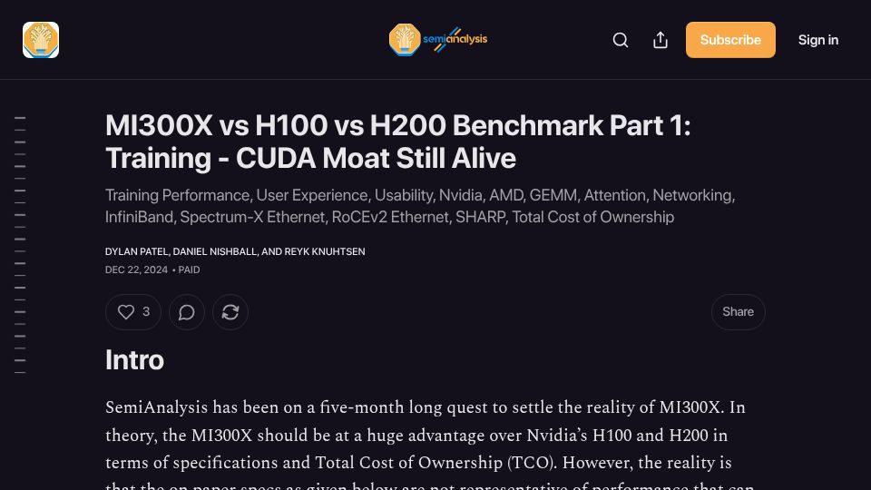 Screenshot of newsletter.semianalysis.com: Why isn't AMD's MI300X competitive?
