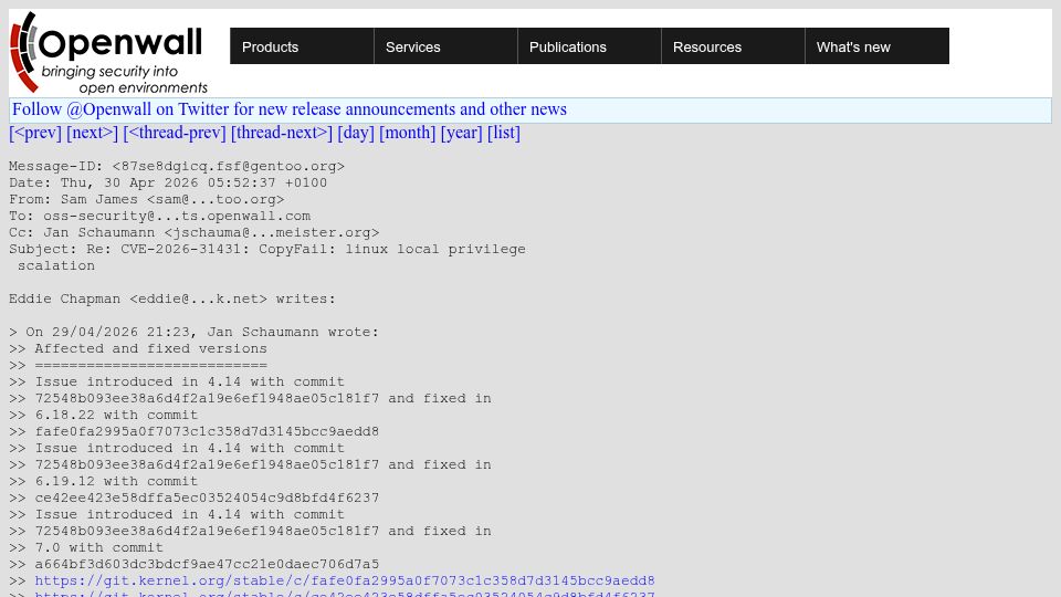 Screenshot of openwall.com: For Linux kernel vulnerabilities, there is no heads-up to distributions