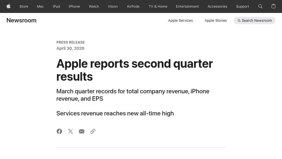 Screenshot of apple.com: Apple reports second quarter results
